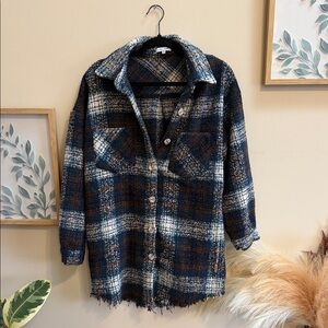 White Birch Navy and Brown Plaid Teddy Jacket